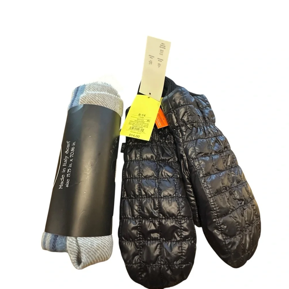 Black Quilted Mittens with Blue Striped Scarf